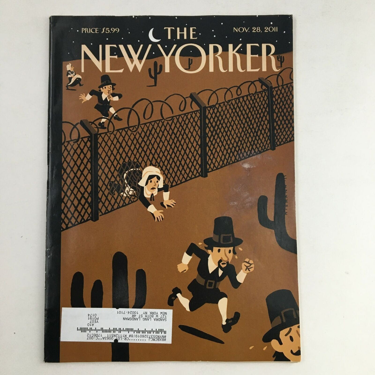 The New Yorker November 28 2011 Full Magazine Theme Cover by Christoph Niemann, showcasing a distinctive illustration featuring characters against a desert backdrop with a fence and cacti.