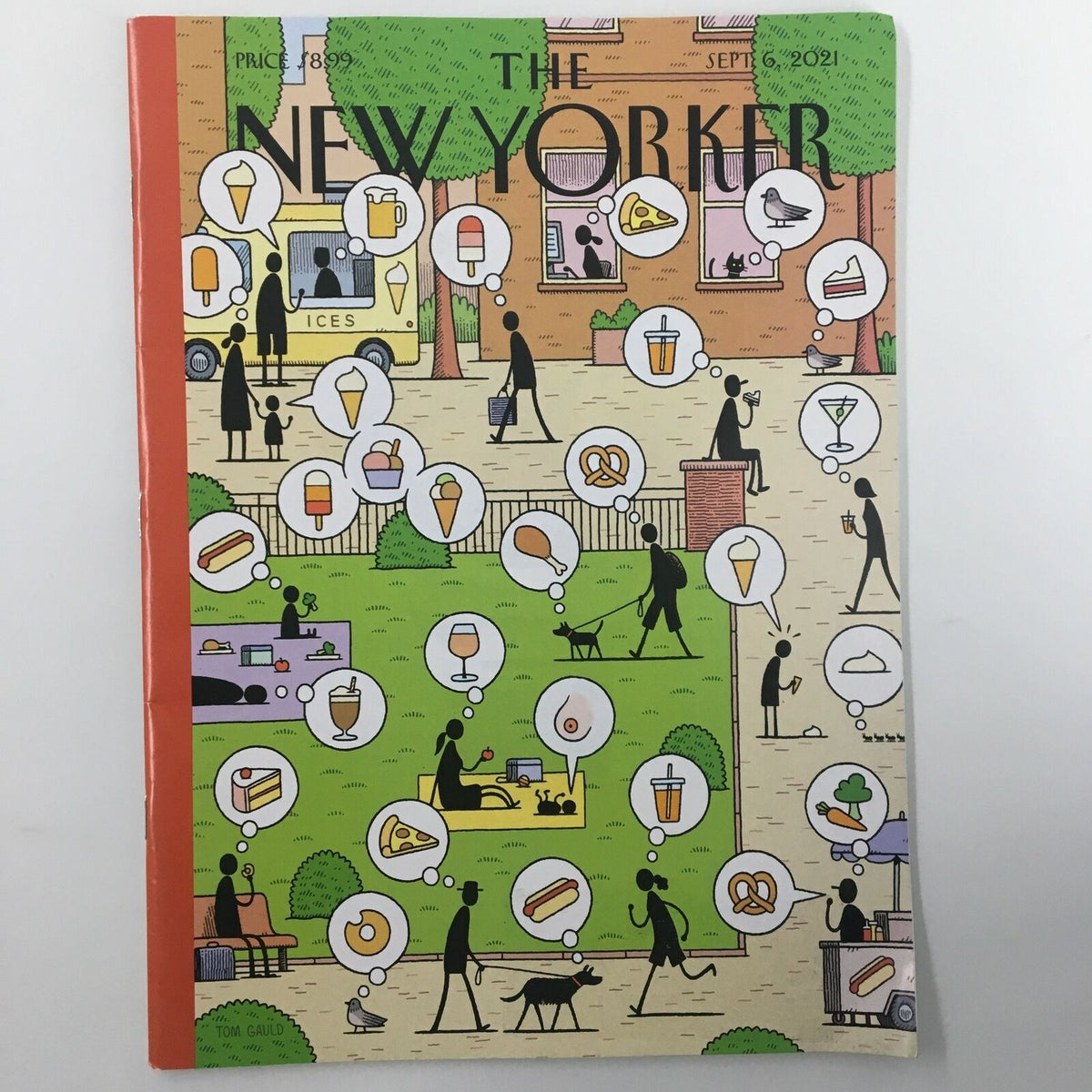 Cover of The New Yorker magazine from September 6, 2021, titled 'What's For Dinner' featuring whimsical illustrations by T. Gauld, showcasing various food-related thoughts and scenes.