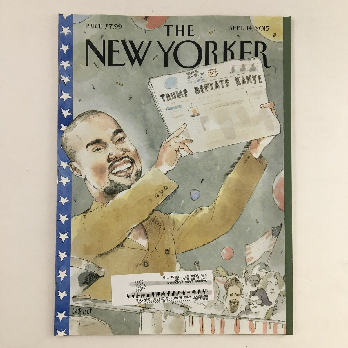Cover of The New Yorker Magazine September 14 2015 featuring Kanye West, illustrated by Barry Blitt, depicting Kanye with a newspaper stating 'Trump Defeats Kanye' amidst a vibrant crowd.