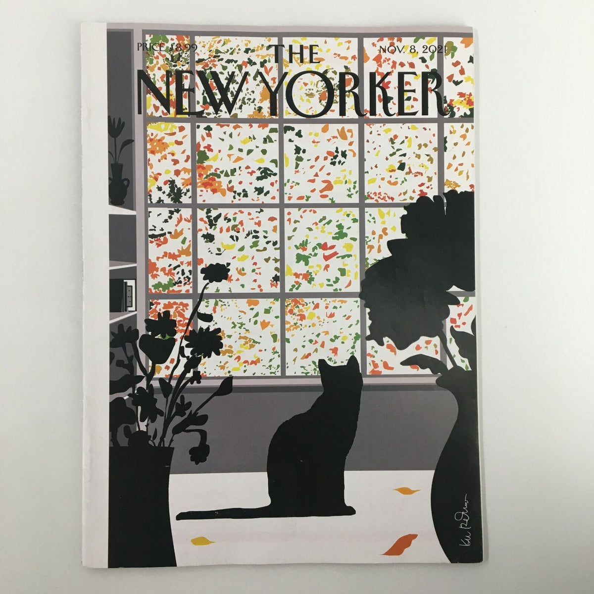 The New Yorker Full Magazine November 8 2021 cover featuring a silhouette of a cat against a colorful window, highlighting seasonal themes. Cover title: Season's Turn by Kim DeMarco.