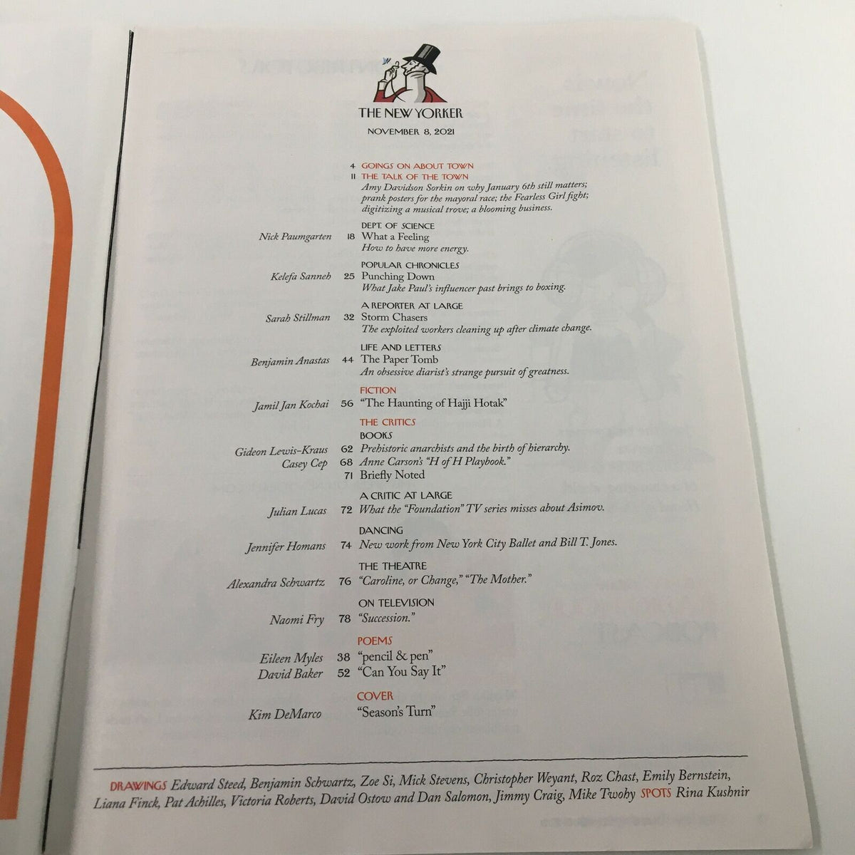 Table of contents page from The New Yorker Full Magazine November 8 2021, featuring articles including 'Season's Turn' by Kim DeMarco and other notable contributions.