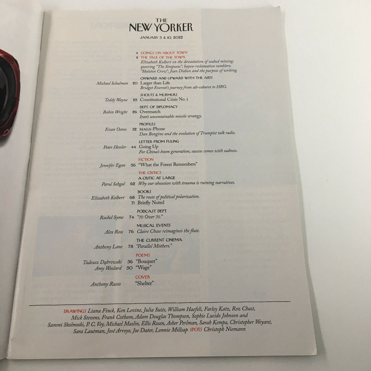 The New Yorker Full Magazine January 3 2022 table of contents highlighting articles and features, including 'Shelter' by Anthony Russo.