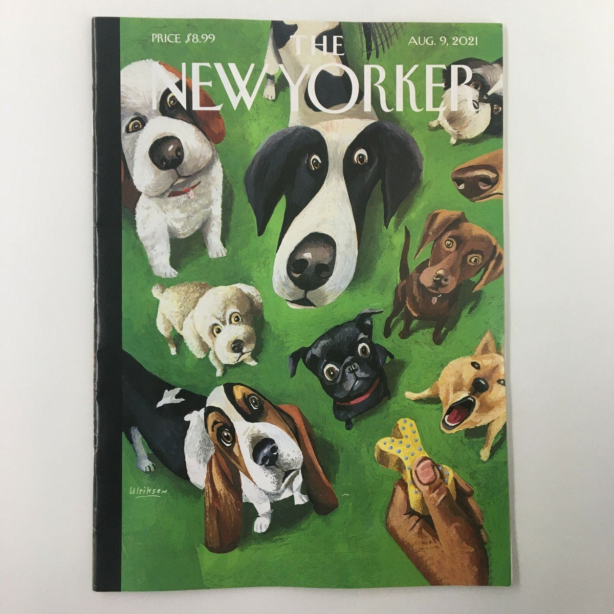 Cover of The New Yorker Full Magazine August 9 2021 featuring vibrant artwork by Mark Ulriksen, depicting a playful scene with multiple dogs on a green background.