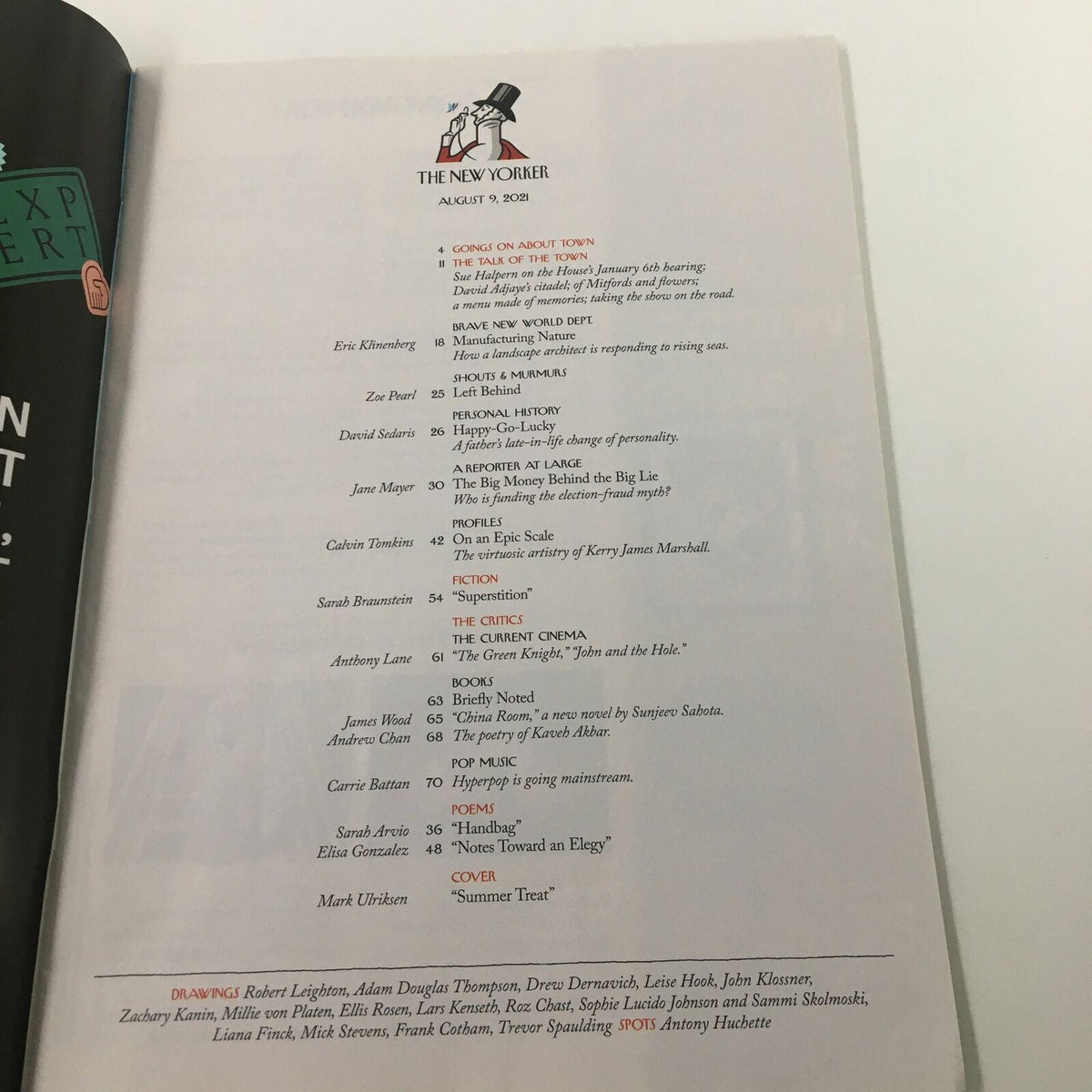 Contents page of The New Yorker Full Magazine August 9 2021, showcasing article titles, contributors, and artwork, indicating a rich selection of engaging content.