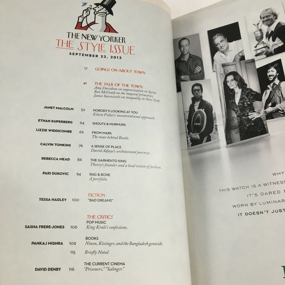 The New Yorker September 23 2013 magazine contents page highlighting the Style Issue, listing articles and features by various writers, including The Talk of the Town, contributing to the magazine's literary appeal.