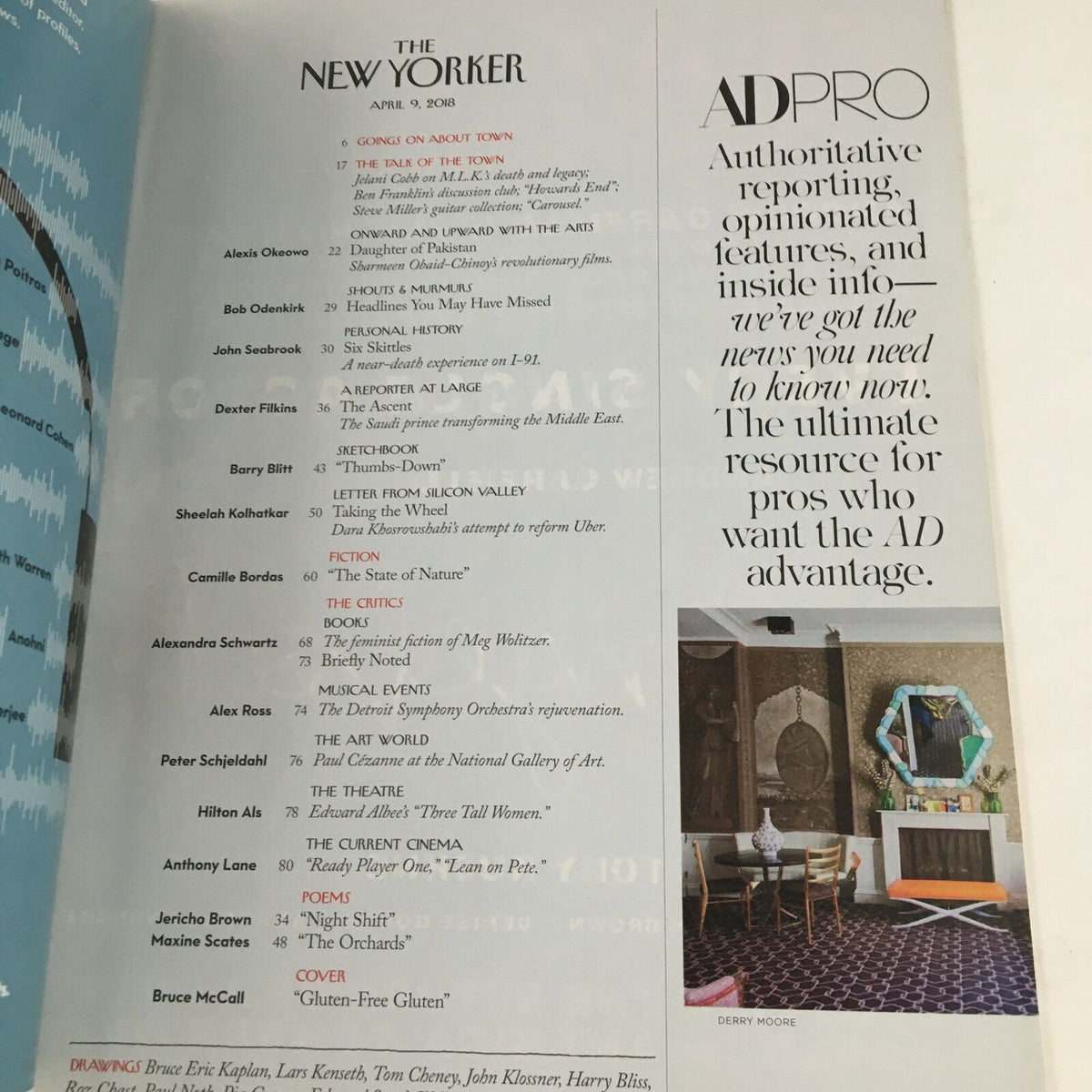Inside page of The New Yorker April 9 2018 magazine, showcasing content and articles featured in the issue.