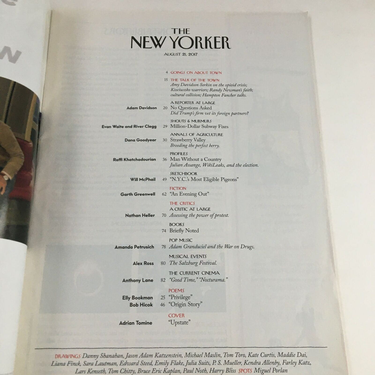 The New Yorker August 21 2017 magazine contents page showcasing articles and contributors for this issue, designed by Adrian Tomine.