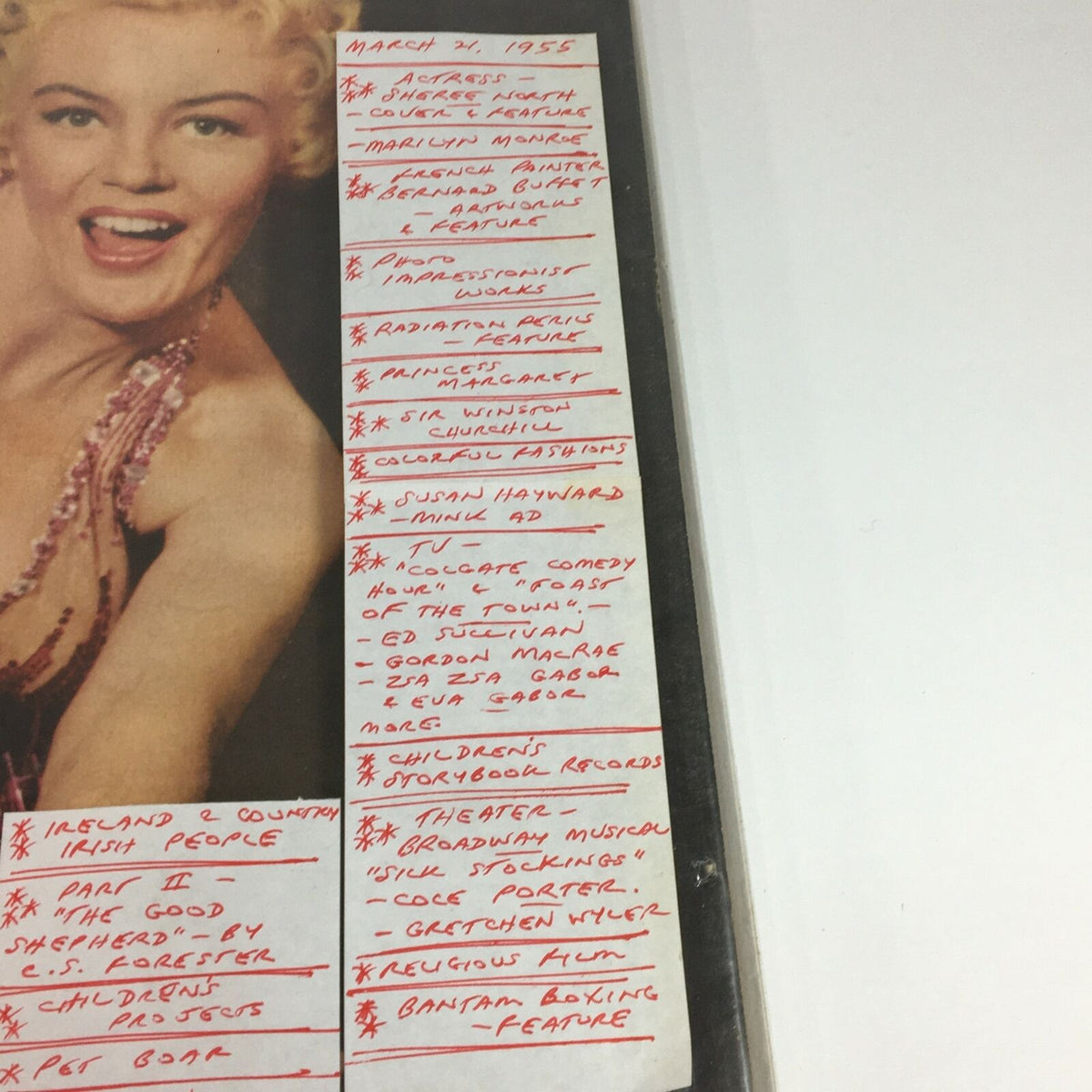 Image of the March 21, 1955, Life Magazine featuring actress Sheree North on the cover, showcasing notes on articles including Marilyn Monroe and C.S. Forester's 'The Good Shepherd'.