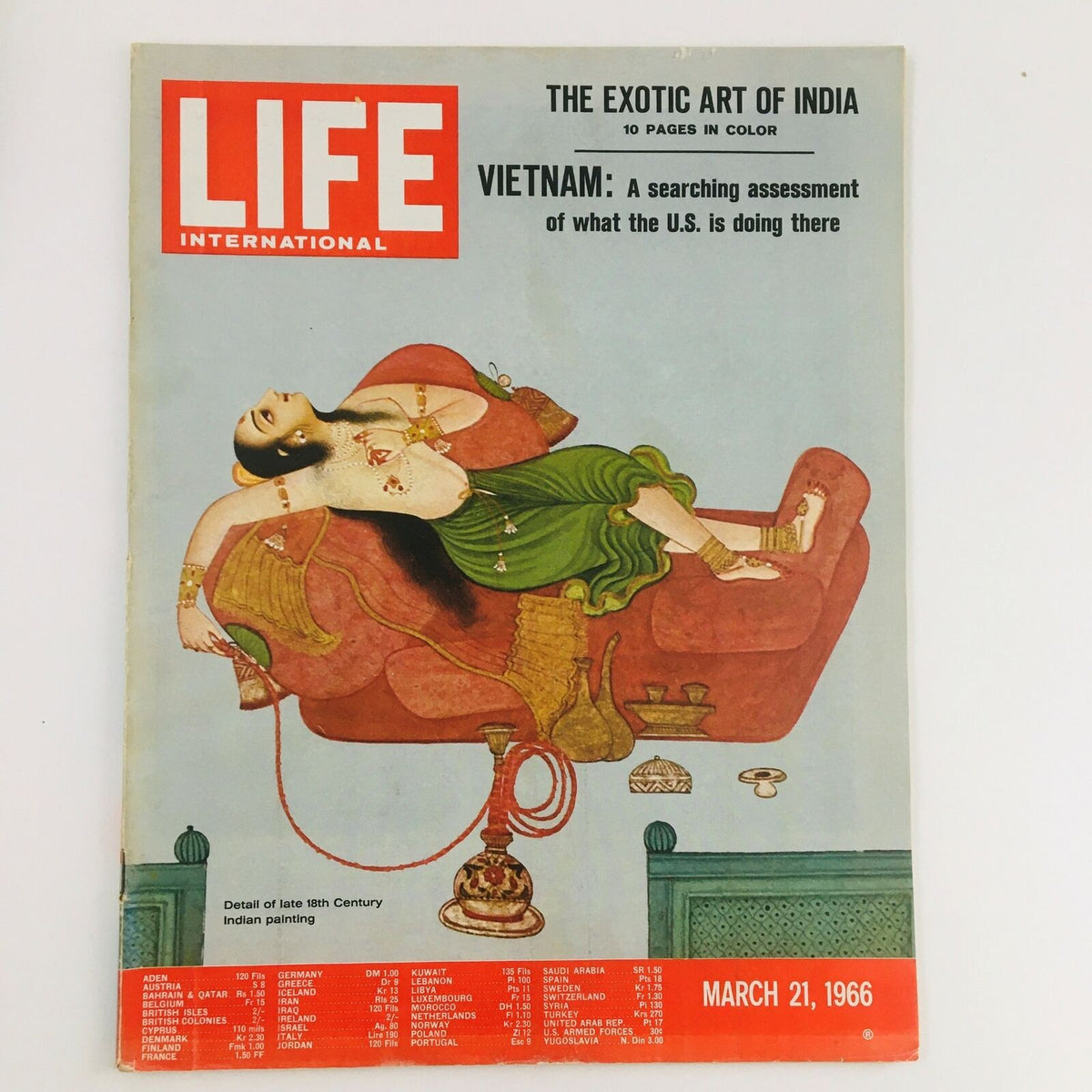 Cover of Life International Magazine from March 21, 1966, featuring a detail of an 18th Century Indian painting. The magazine highlights the exotic art of India with vibrant colors and intricate designs.