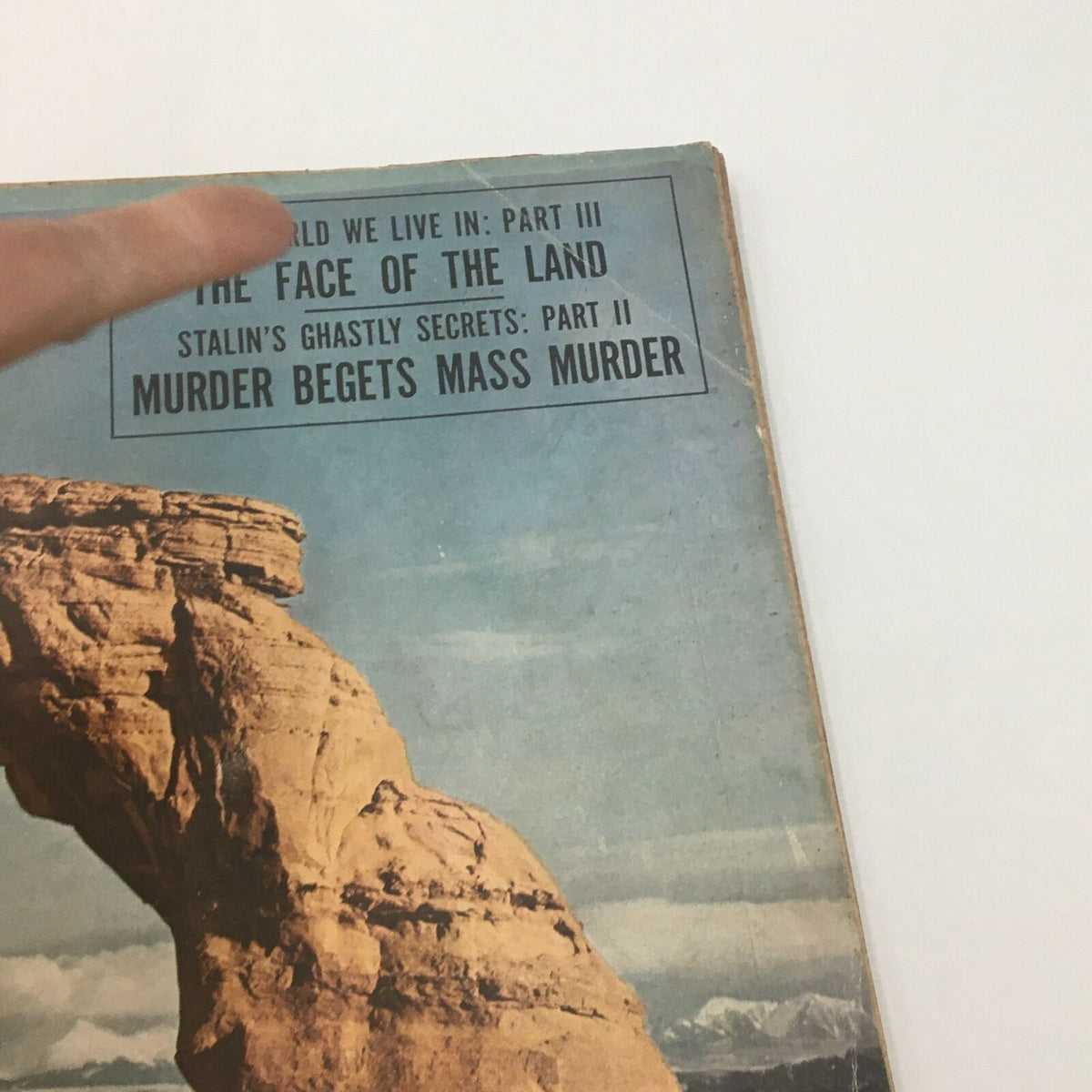 Close-up of the top section of VTG Life Magazine April 13 1953, highlighting the headlines including 'Stalin's Ghastly Secrets'.