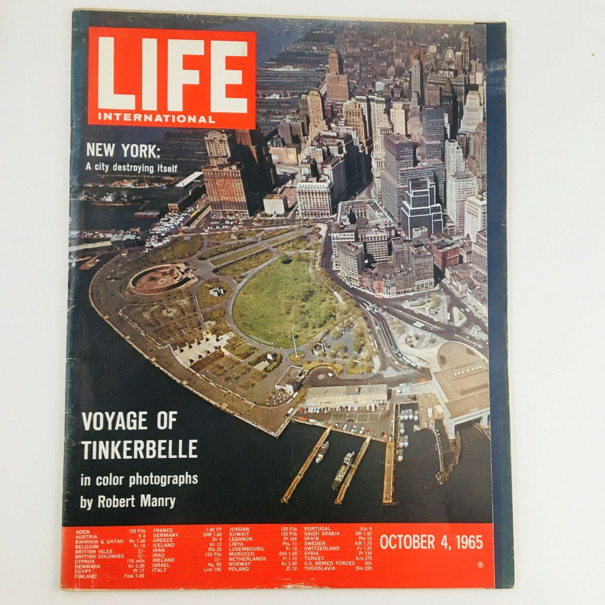 Cover of Life International Magazine dated October 4, 1965, featuring the title 'The Voyage of Tinkerbelle', showcasing a stunning aerial view of New York City.