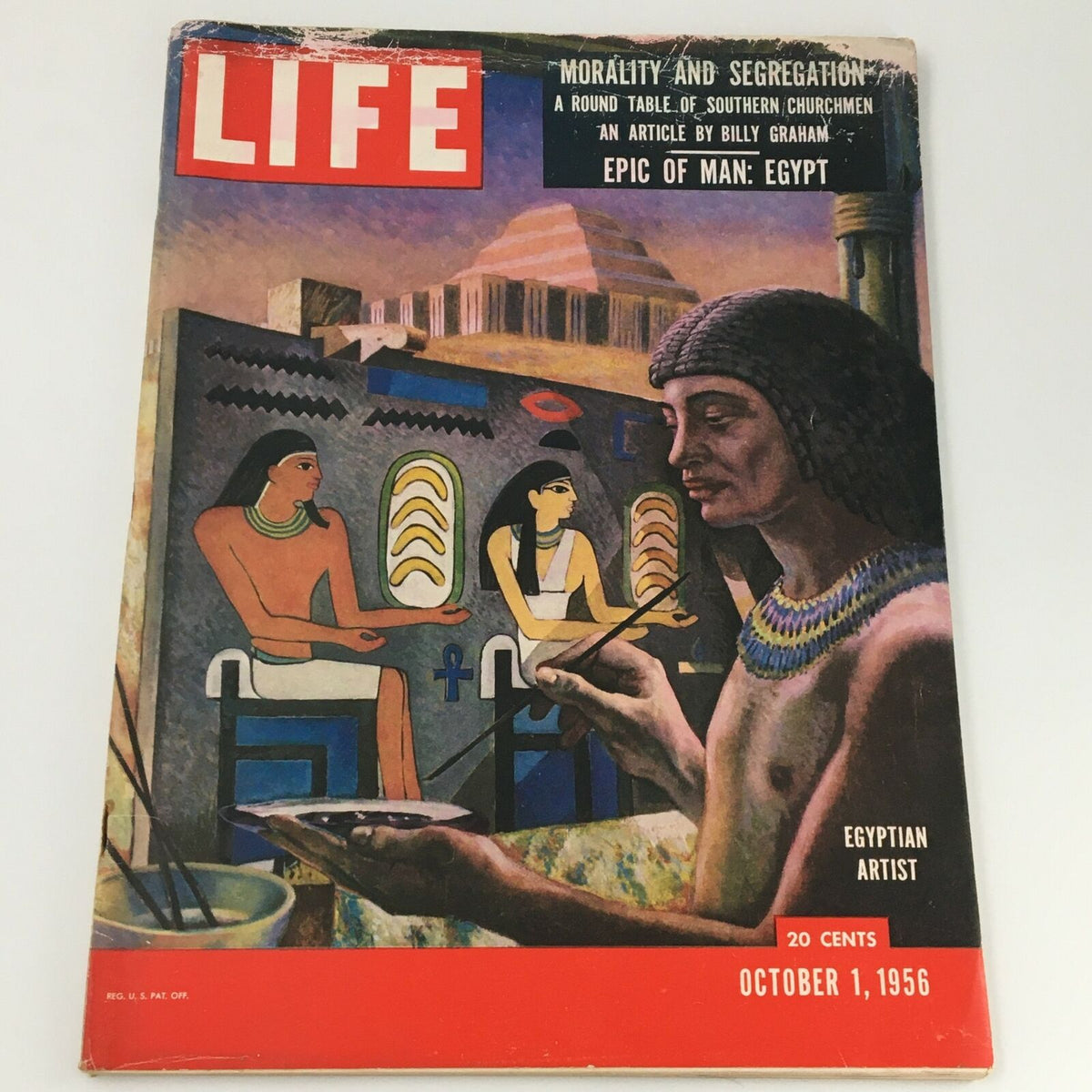 Cover of VTG Life Magazine October 1 1956 featuring the article 'Epic of Man: Egyptian Artist.' The vibrant illustration shows ancient Egyptian artists at work alongside pyramids, encapsulating the richness of Egyptian art and culture.