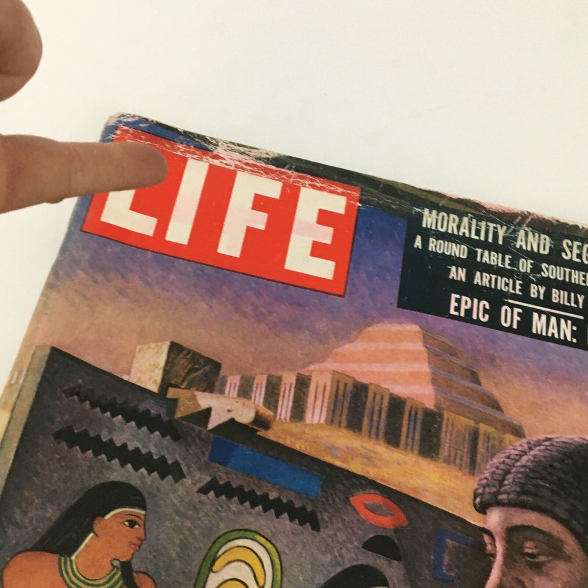 Close-up of the cover of VTG Life Magazine October 1 1956, highlighting the title 'Life' and the text 'Epic of Man: Egypt.' The image showcases the unique art style and details of the magazine from the mid-20th century.
