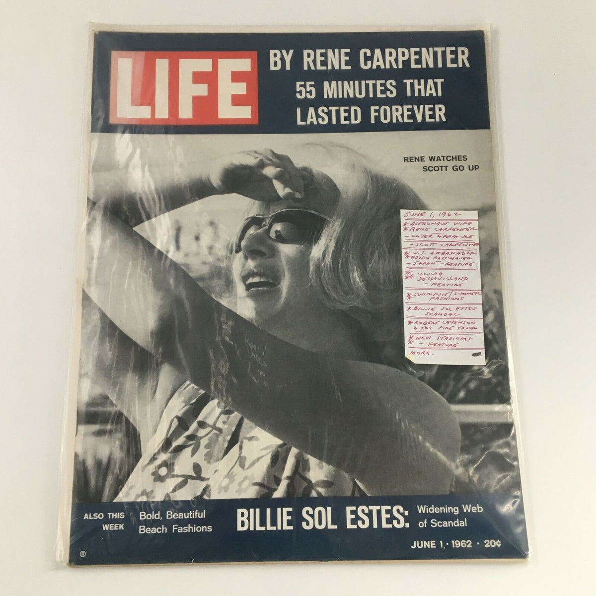 VTG Life Magazine June 1 1962, cover featuring Rene Carpenter's story '55 Minutes That Lasted Forever,' with a visible note showcasing magazine highlights and details about articles within.