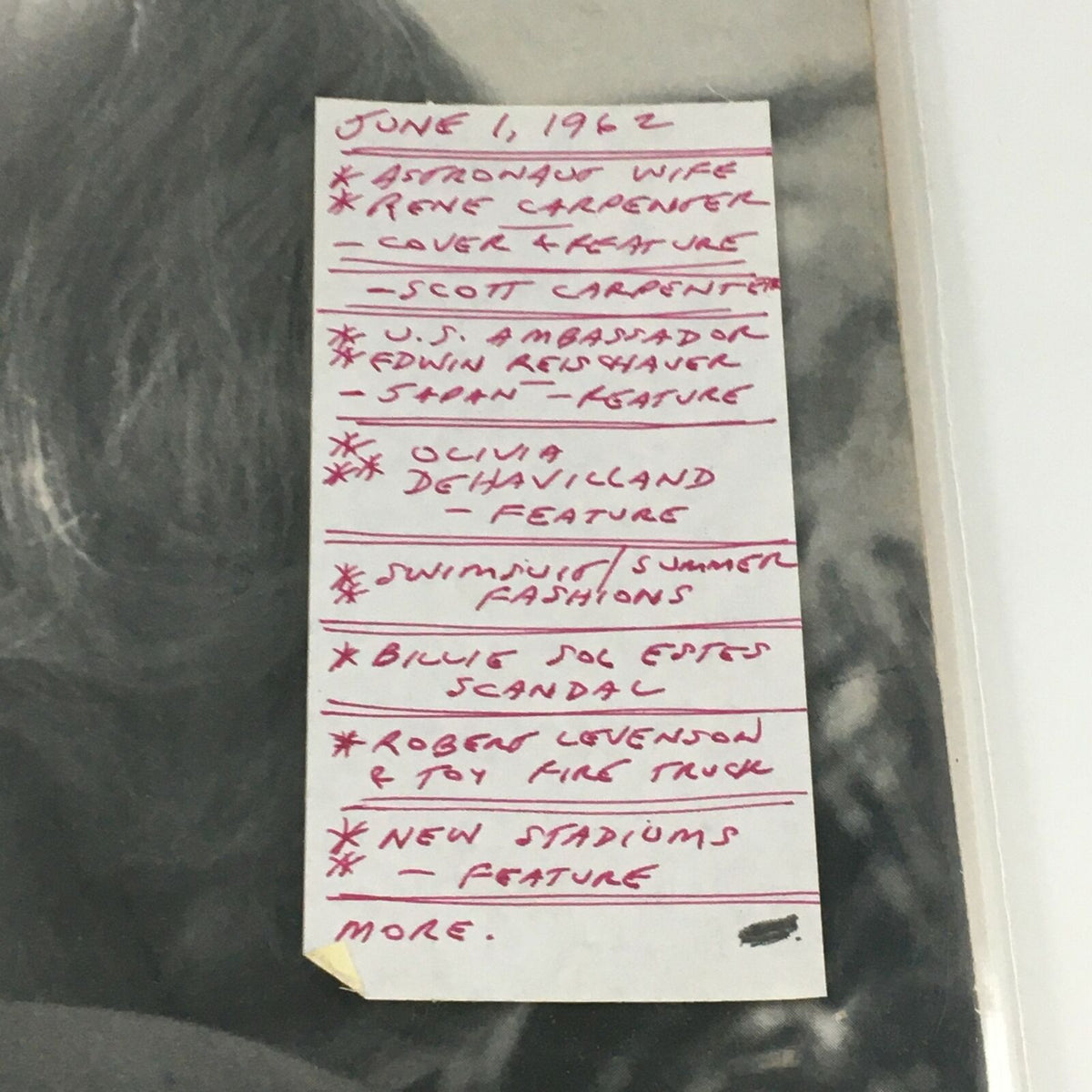 Image of a vintage Life Magazine from June 1, 1962, featuring a handwritten list of articles including astronaut wife Rene Carpenter, U.S. Ambassador Edwin Reishaver, and fashions, related to the magazine's content.