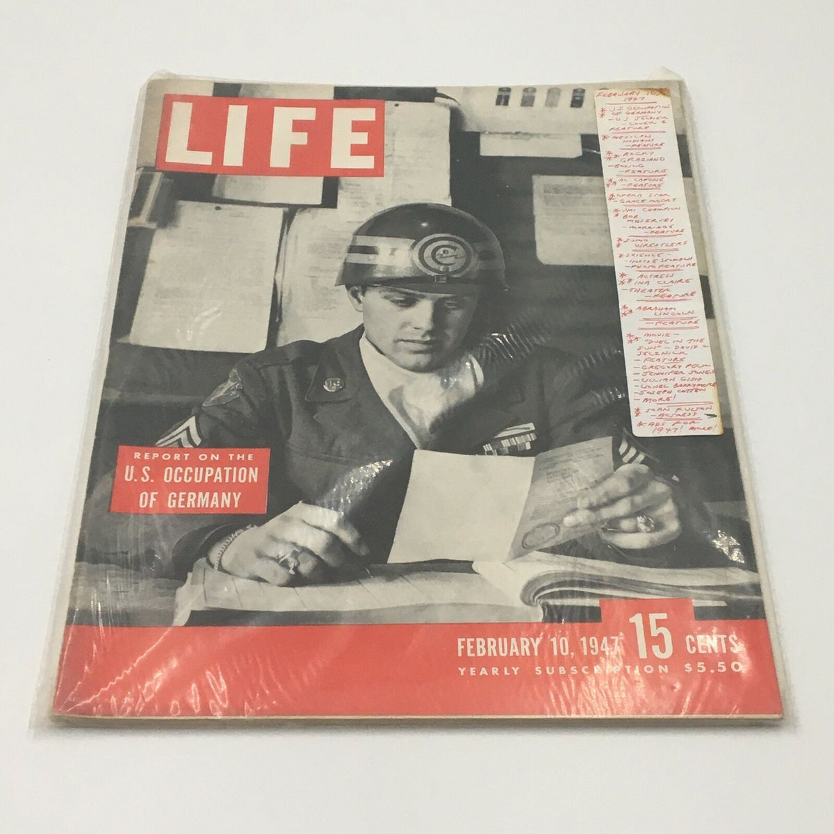 Front cover of VTG Life Magazine February 10 1947, protected in plastic wrap, featuring a U.S. soldier with headlines related to the U.S. occupation of Germany.