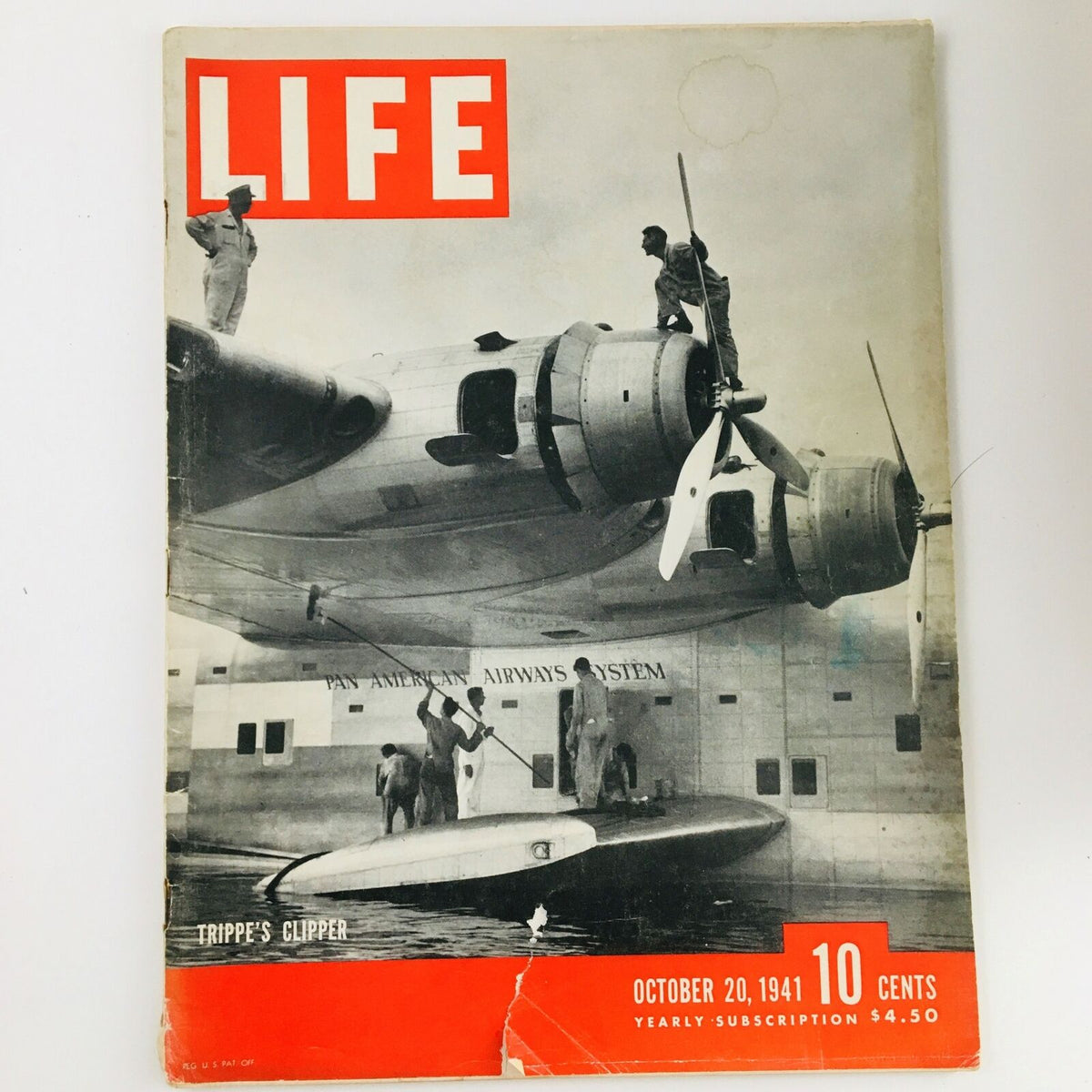 Cover of VTG Life Magazine from October 20, 1941 featuring the Pan American Airways Trippe Clipper, showcasing historical aviation with a striking black and white image of the aircraft and crew.