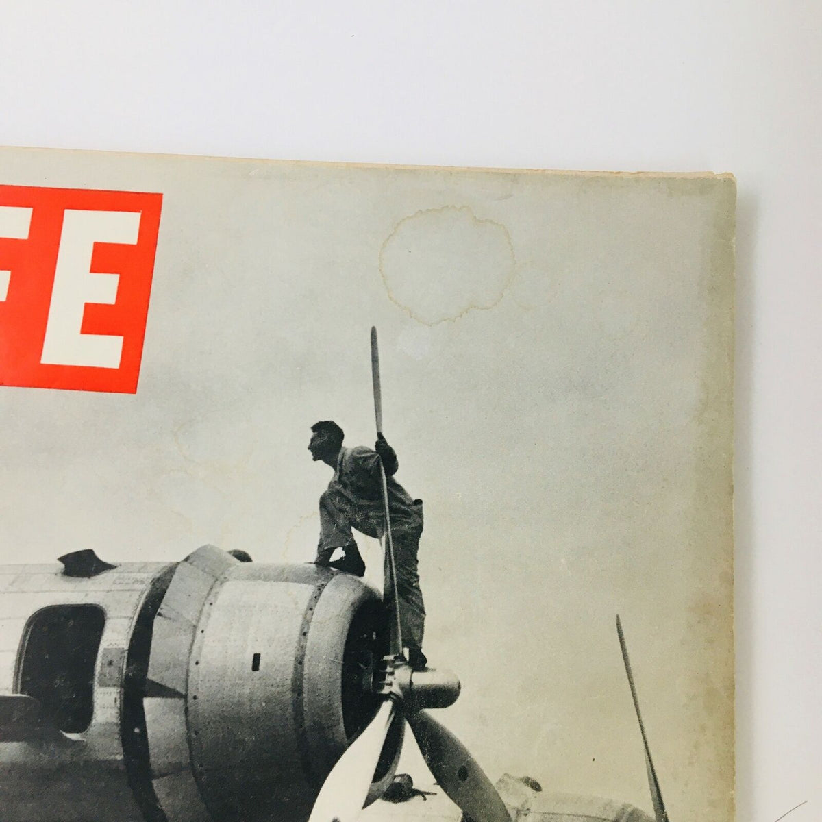 VTG Life Magazine October 20 1941 cover detail, capturing a worker standing on an aircraft propeller.