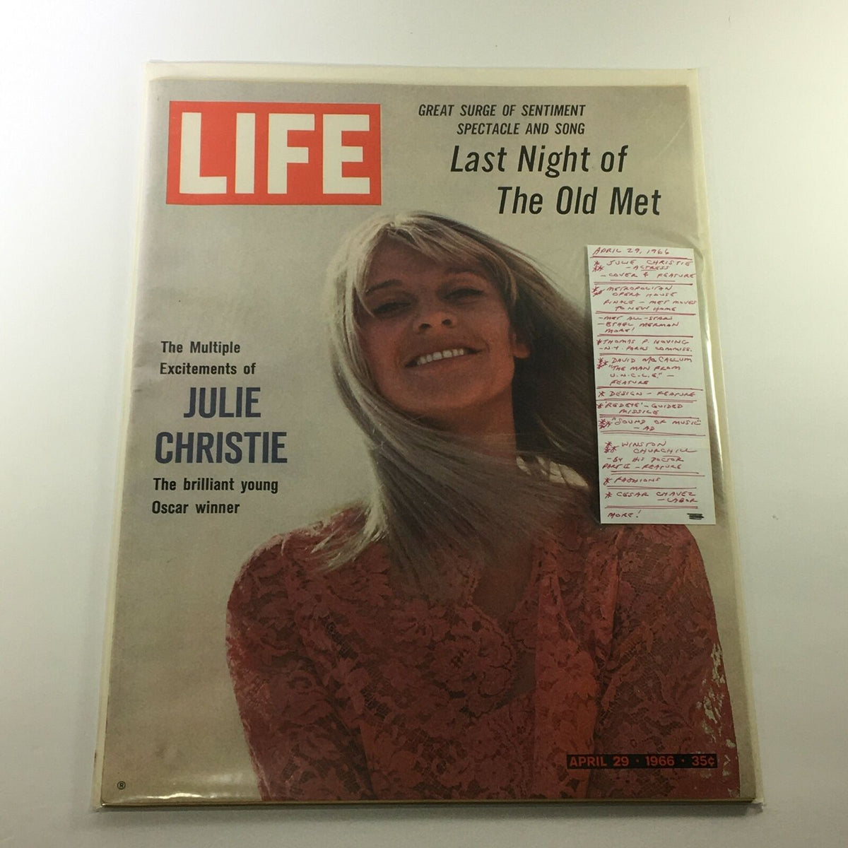 VTG Life Magazine April 29 1966 featuring actress Julie Christie on the cover with a vibrant smile, highlighting the glamour of the 1960s.