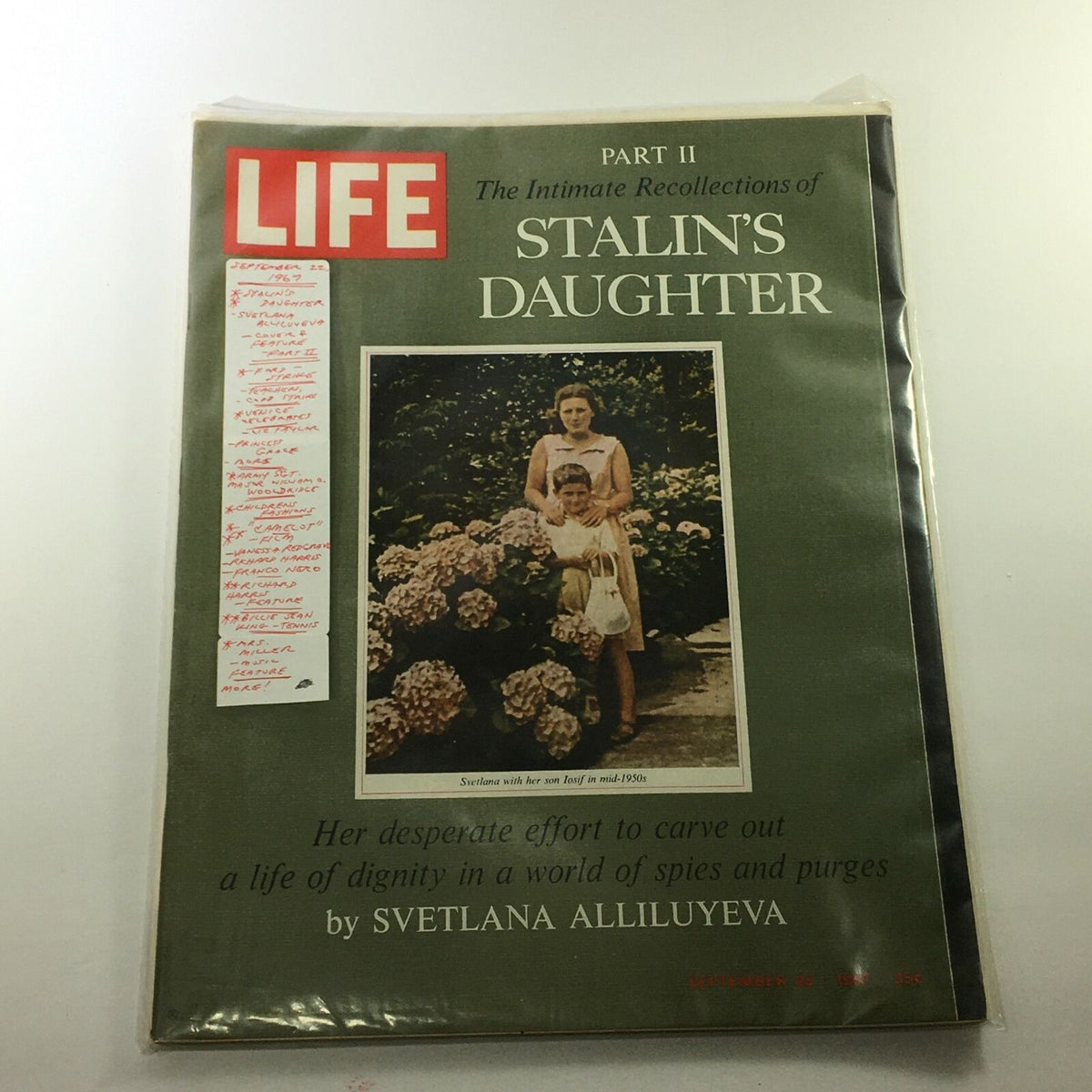 Front cover of VTG Life Magazine September 22 1967, showcasing Svetlana Alliluyeva with her son, part II of the intimate recollections of Stalin's daughter.