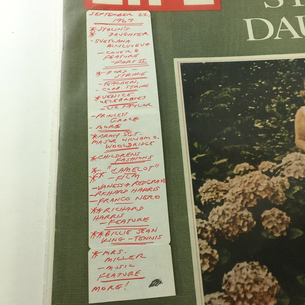Detail view of the inside page of VTG Life Magazine September 22 1967, showing a list of articles and features, including segments on Svetlana Alliluyeva.