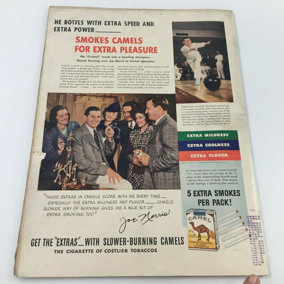 Vintage advertisement from Life Magazine December 2, 1940 showcasing Joe Norris and friends promoting Camel cigarettes, highlighting its extra mildness and flavor for smokers.