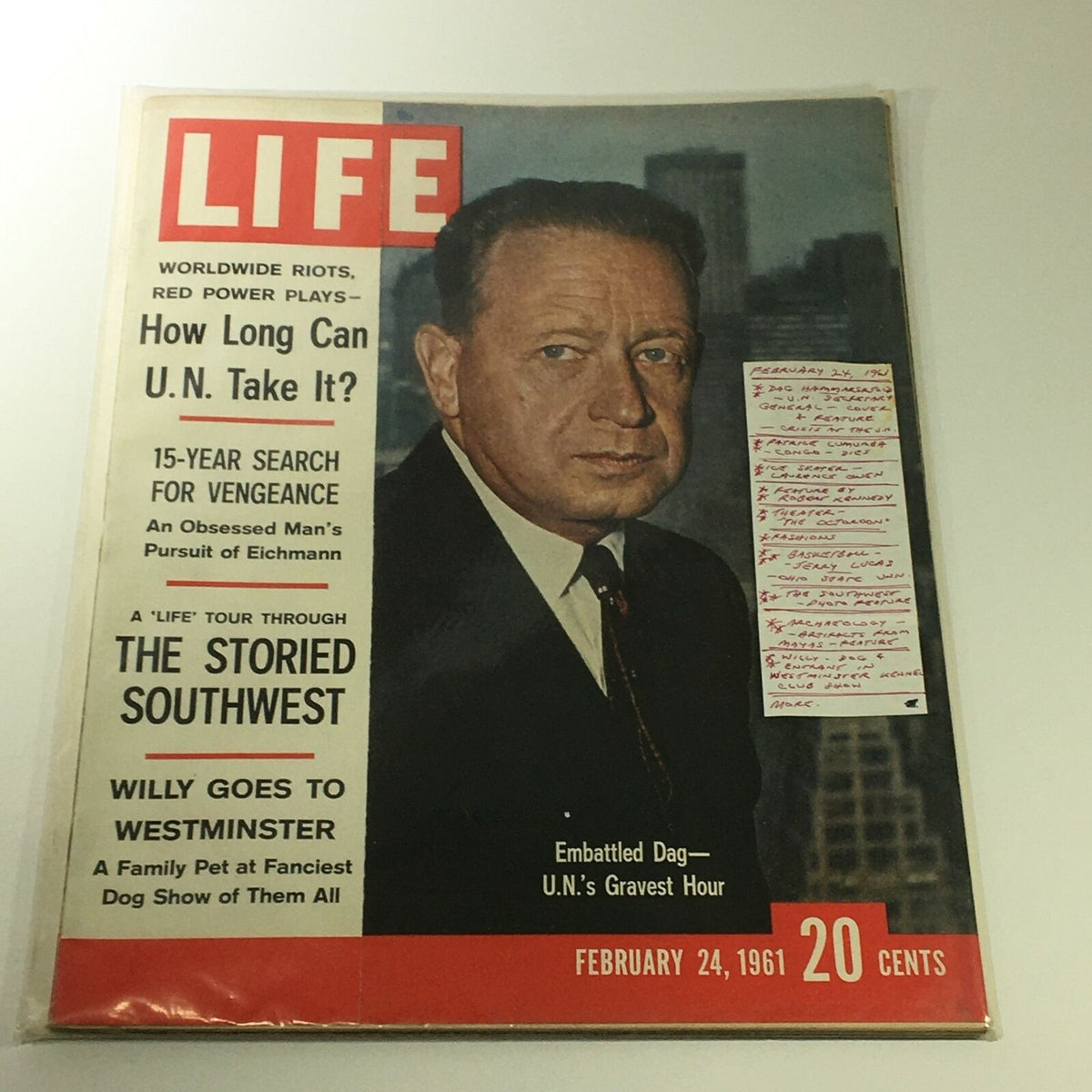 VTG Life Magazine February 24 1961 cover with handwritten notes, showcasing Dag Hammarskjöld as U.N. Secretary-General on the front.
