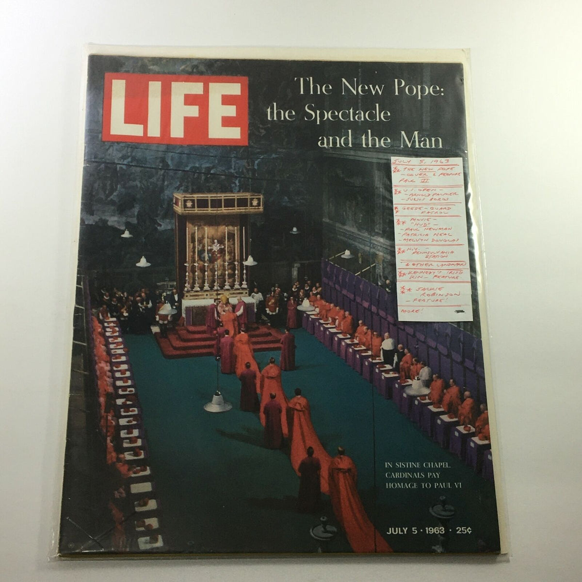 VTG 35 The New Pope Paul II Cover and Feature, Newsstand - Life Magazine July 5, 1963, featuring the same interior image of the Sistine Chapel, with a handwritten note attached.