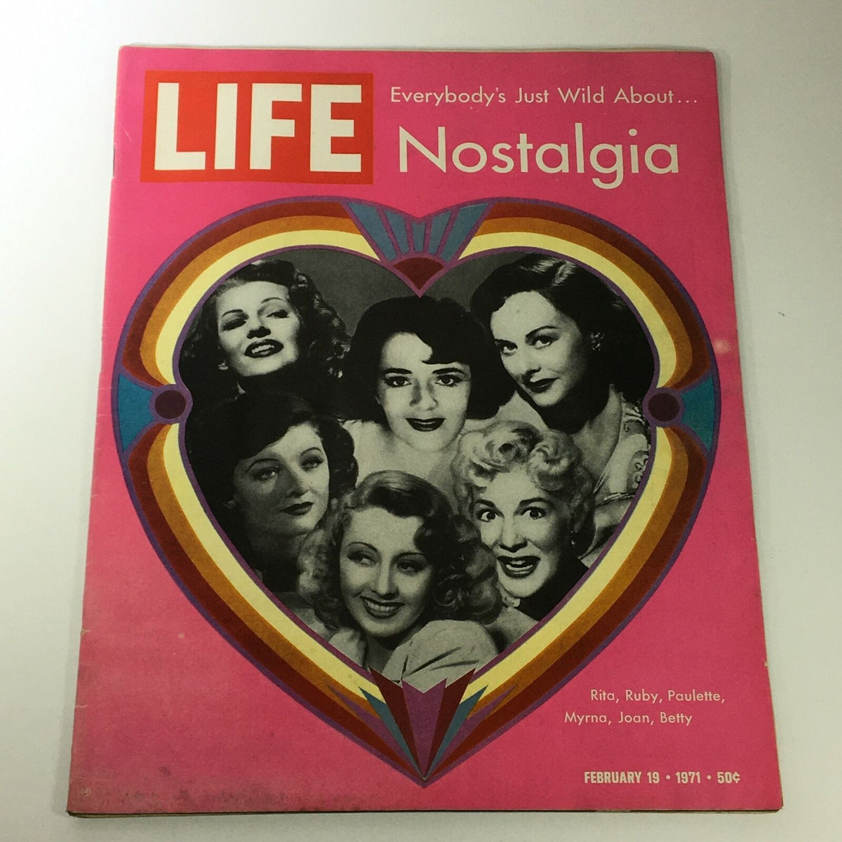 Front cover of VTG Life Magazine February 19 1971 featuring Rita Hayworth, Ruby Dee, Paulette Goddard, and other actresses in a nostalgic design.
