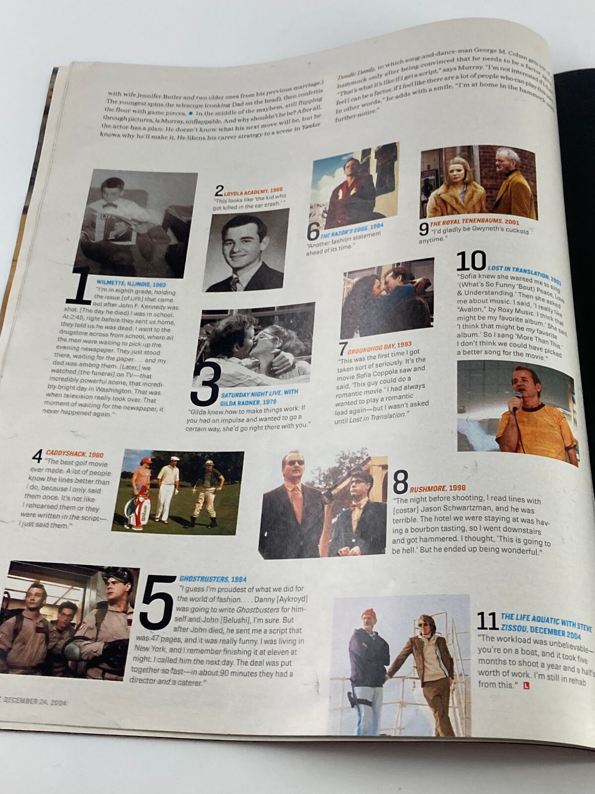 Interior page of Life Magazine Insert from December 24, 2004, detailing nostalgic content related to Bill Murray and iconic moments, ideal for fans and collectors.