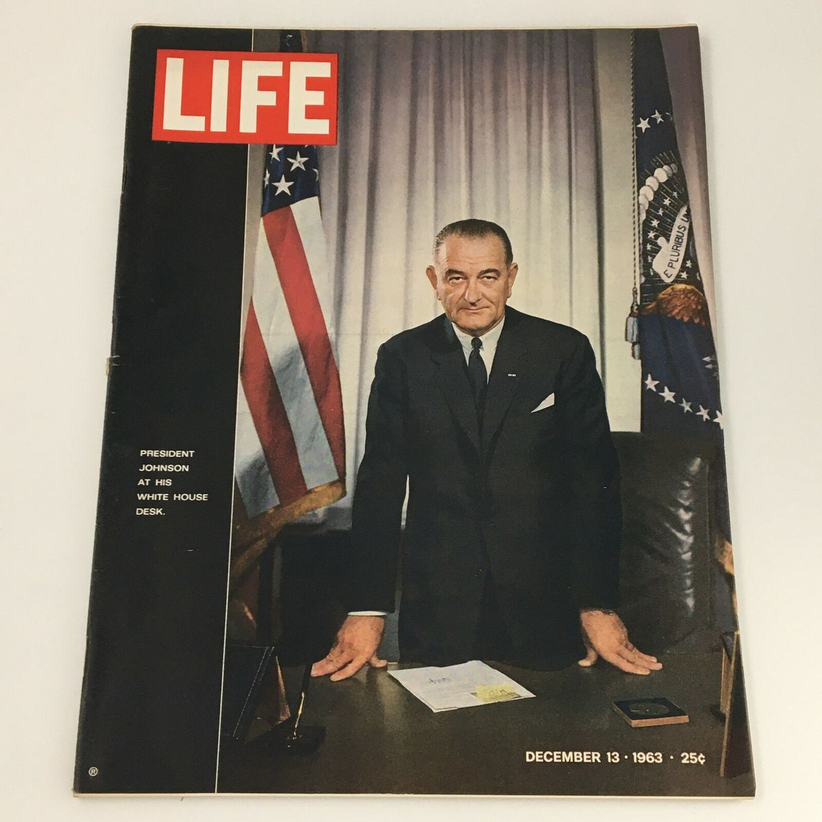 VTG Life Magazine December 13 1963 featuring President Lyndon B. Johnson standing at his White House desk with American flags in the background.