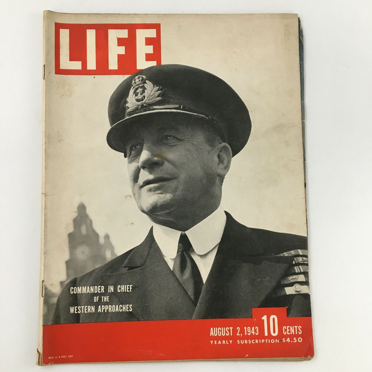Cover of VTG Life Magazine August 2, 1943 featuring a portrait of the Commander in Chief of the Western Approaches, showcasing vintage design and historical significance.