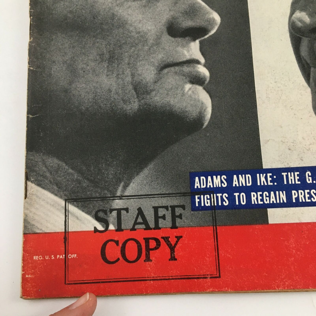 Close-up of VTG Life Magazine June 30 1958 cover, showing the 'Staff Copy' stamp and details about the featured article on Sherman Adams and Dwight Eisenhower.