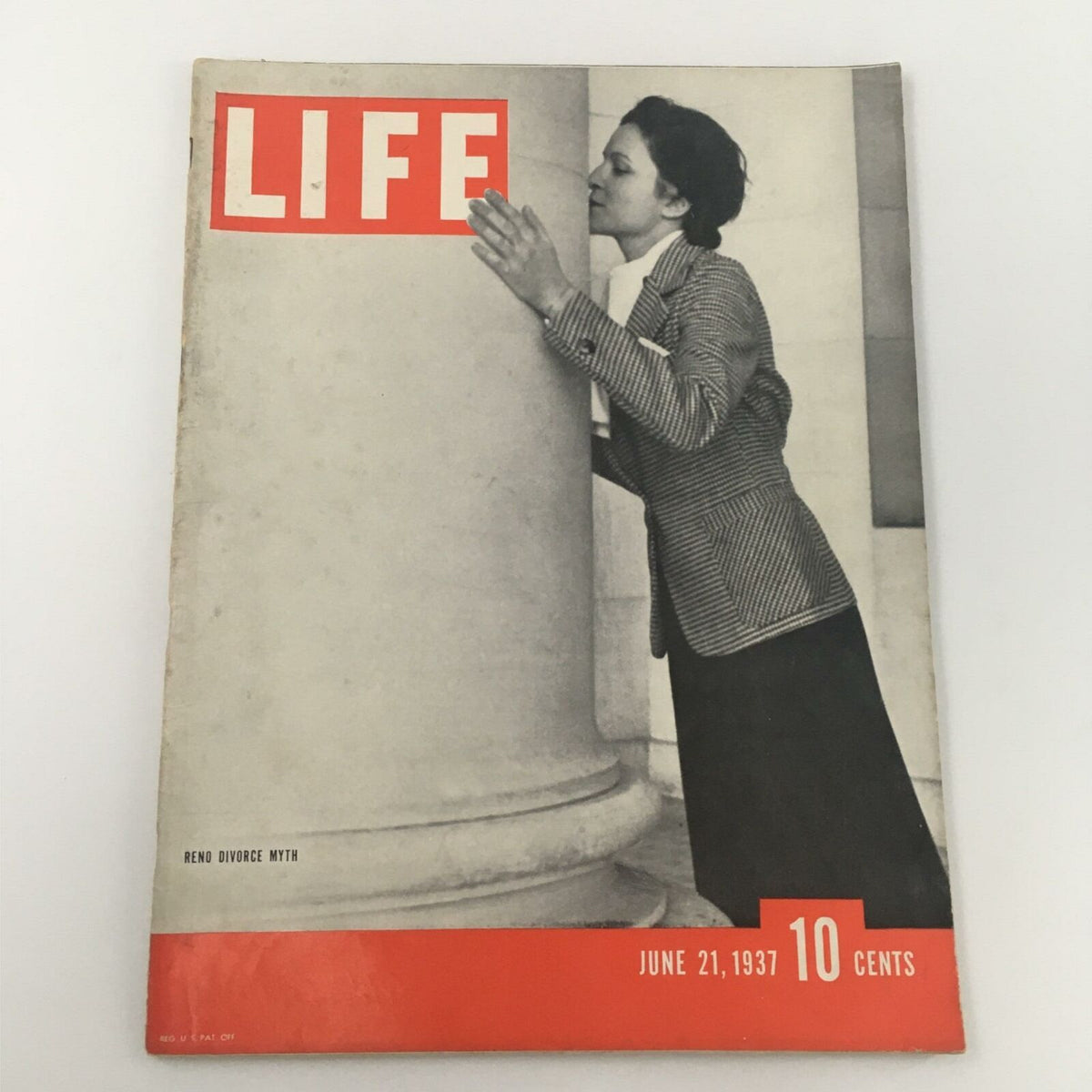 Cover of VTG Life Magazine from June 21, 1937 featuring the Reno Divorce Myth, showcasing a stylish model posing near a column.