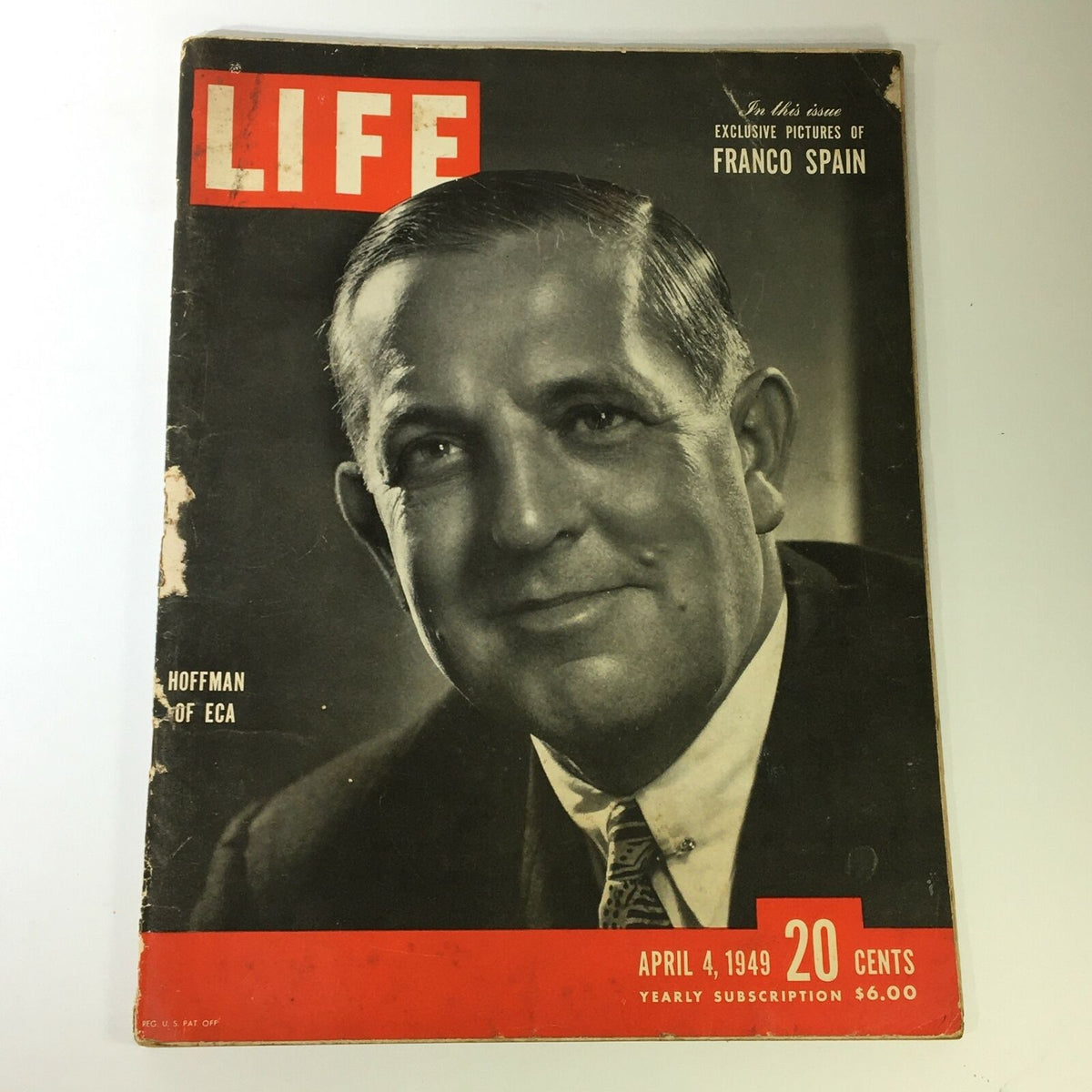 VTG Life Magazine April 4 1949 featuring Paul Hoffman of ECA on the cover, showcasing a nostalgic design with wear and a bold title.