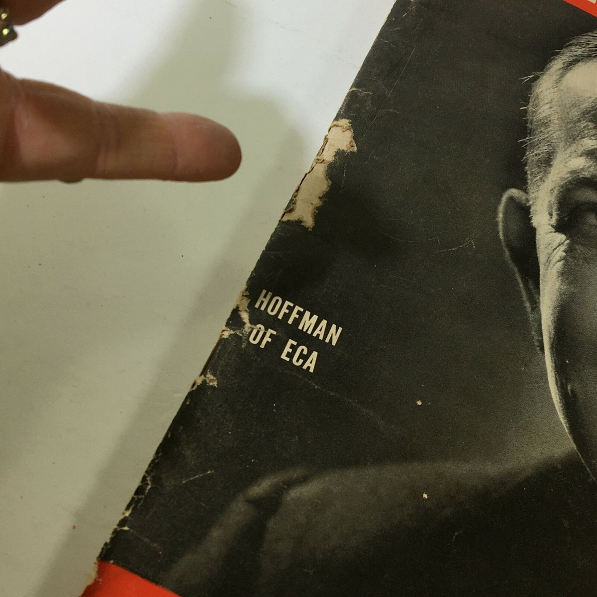 Close-up view of the VTG Life Magazine April 4 1949 cover highlighting Paul Hoffman of ECA, with visible signs of aging and wear.
