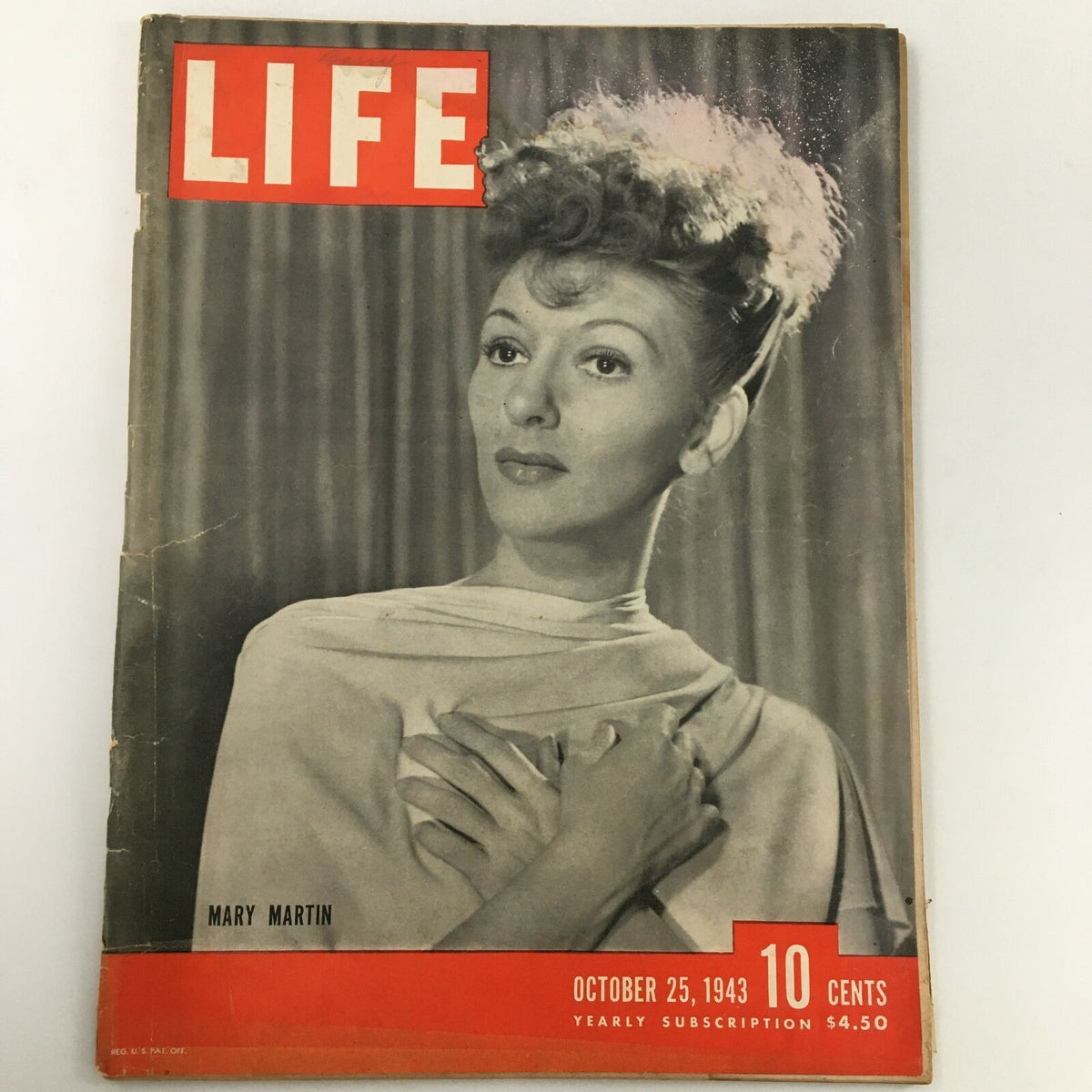 VTG Life Magazine October 25 1943 featuring American actress Mary Martin on the cover. The magazine showcases a portrait of Mary Martin with a warm smile, highlighting its vintage appeal.