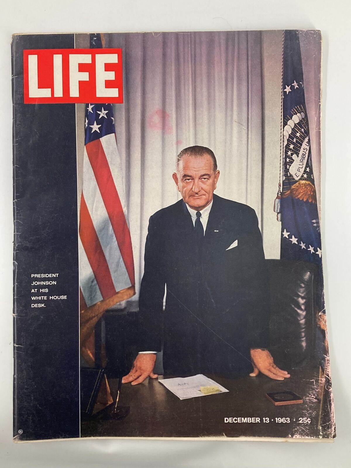 Cover of VTG Life Magazine December 13 1963 featuring President Lyndon B. Johnson at his White House desk with American flags in the background.