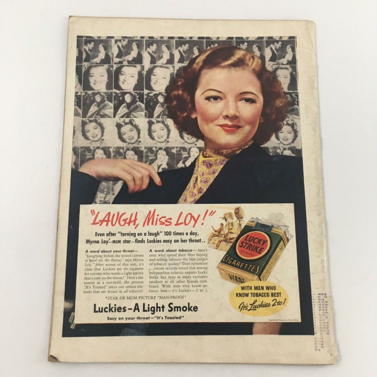 Back cover of the Vintage Life Magazine from January 10, 1938, featuring an advertisement for Lucky Strike cigarettes and a photo of actress Myrna Loy.