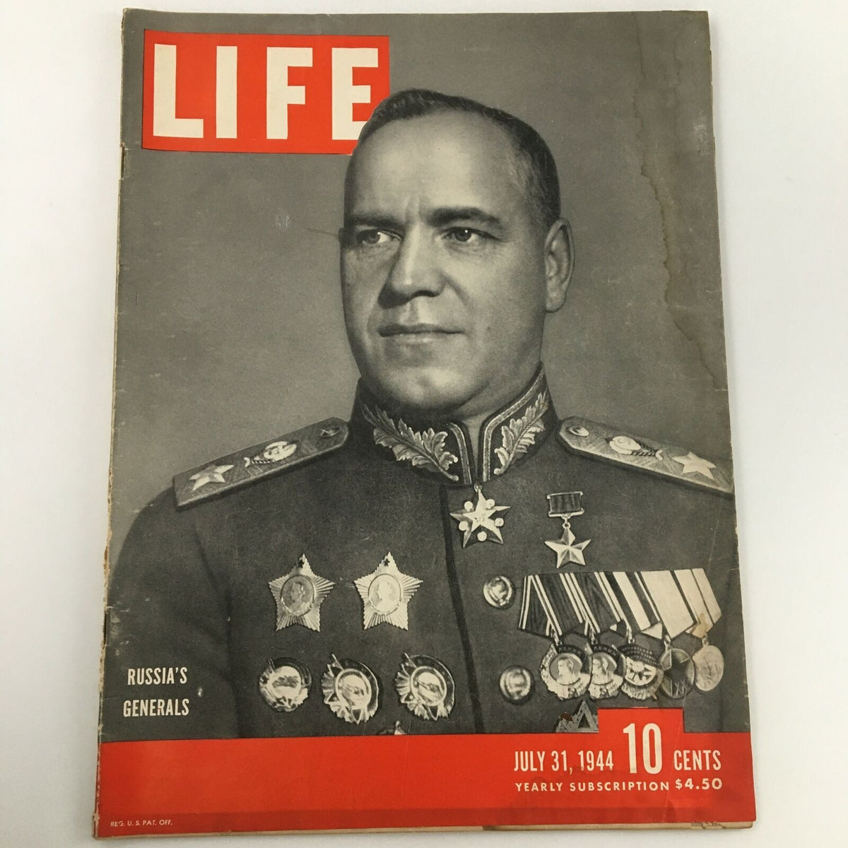 Cover of VTG Life Magazine dated July 31, 1944 featuring a portrait of a Russian general adorned with medals, highlighting 'Russia's Generals'. The magazine showcases vintage journalism from the 1940s.