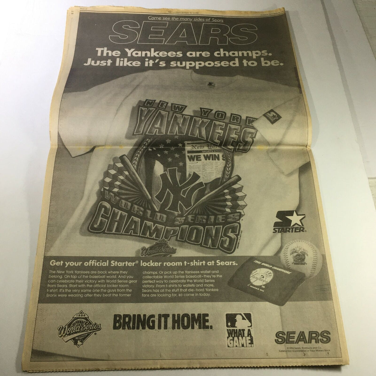 VTG The Star-Ledger Newspaper from October 29, 1996, featuring the New York Yankees as Champions, showcasing a Sears advertisement with promotional content about Yankees merchandise and a baseball.
