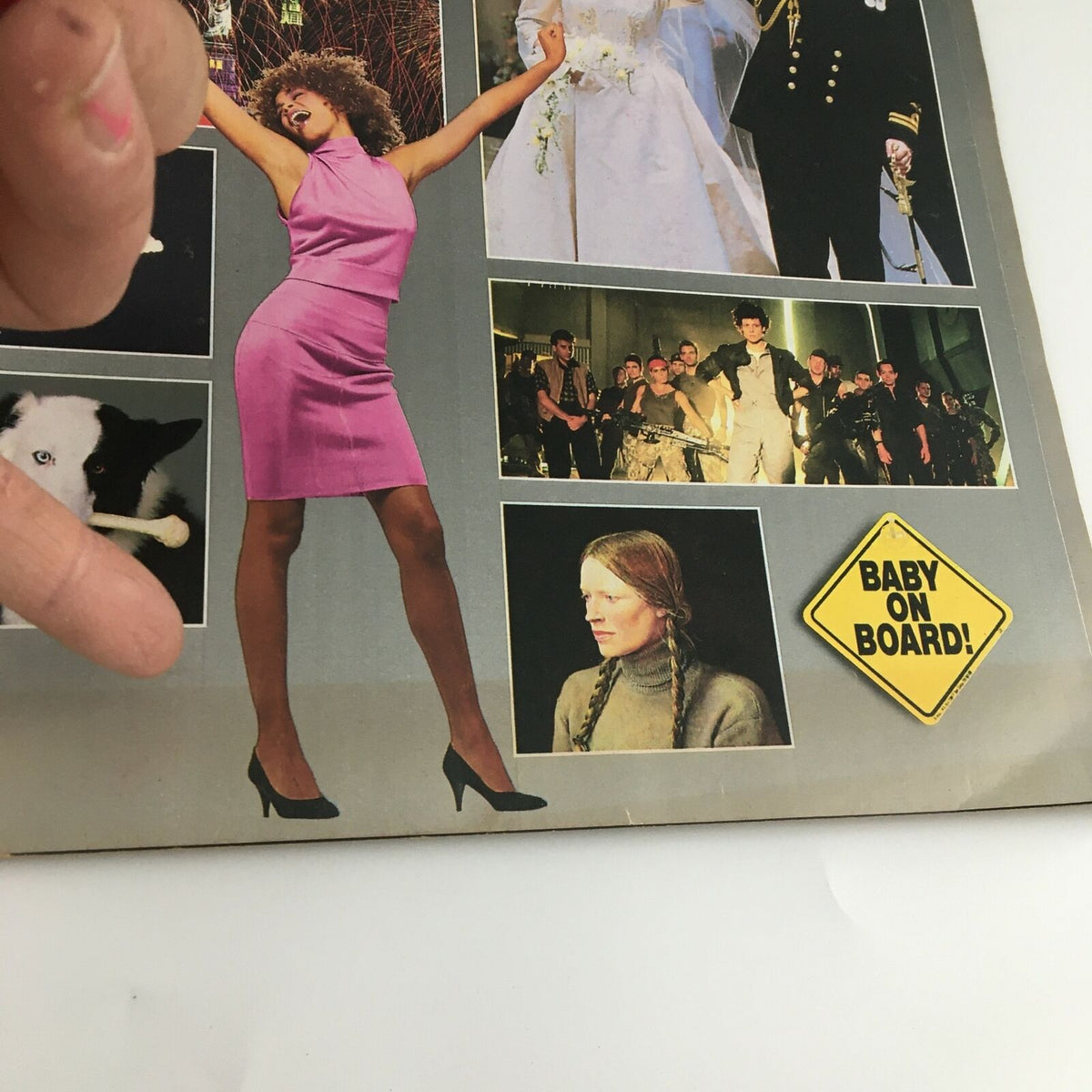 Cover detail from Life Magazine January 1987 featuring vibrant images including a woman in a pink dress, cultural moments, and a 'Baby On Board' sign, showcasing the era's fashion and significant events.