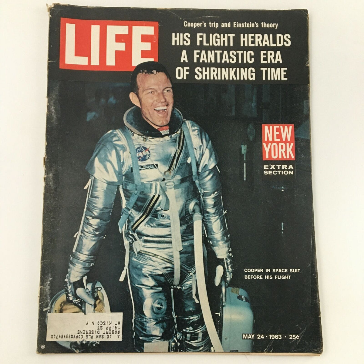 Cover of the VTG Life Magazine from May 24, 1963 featuring Gordon Cooper in a space suit, highlighting a fantastic era of shrinking time.