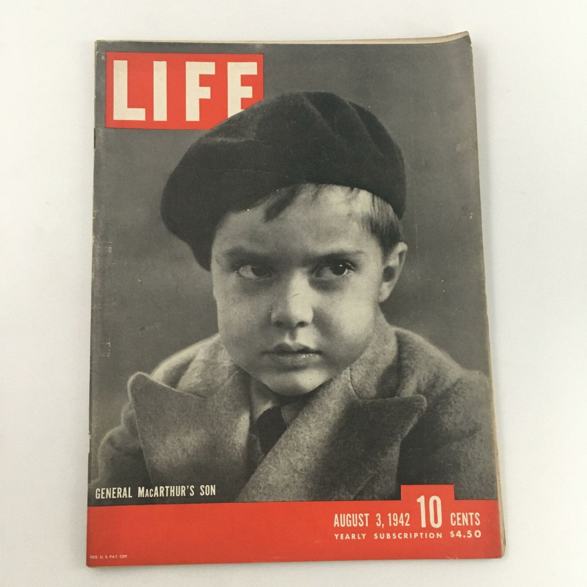 Cover of VTG Life Magazine from August 3, 1942, featuring General McArthur's son, showcasing a historical magazine with a striking photograph and bold title.