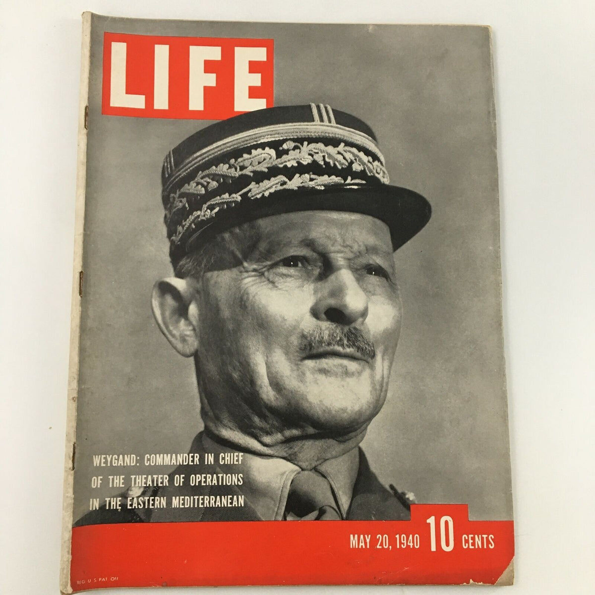 Vintage Life Magazine cover from May 20, 1940 featuring Maxime Weygand, Commander in Chief, with bold red title and military imagery.