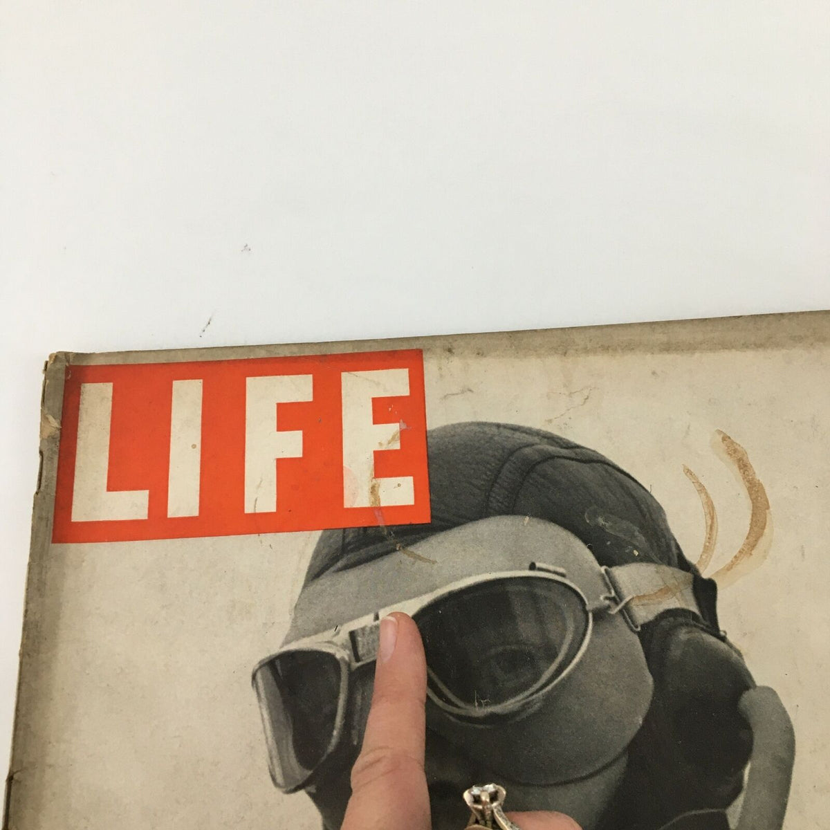 Close-up of the VTG Life Magazine January 30 1939 cover showing the title 'LIFE' and detail of a pilot's goggles.