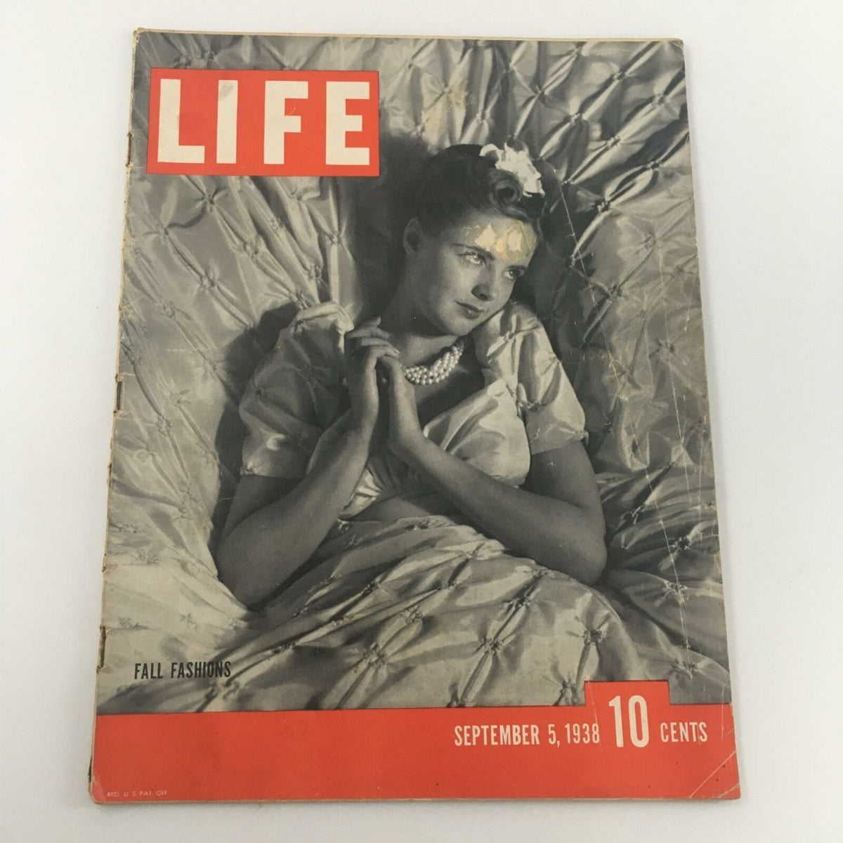 Cover of VTG Life Magazine from September 5, 1938, featuring Katharine Gratten Aldridge, showcasing a model in stylish fall fashion with the headline 'LIFE' in bold red letters.