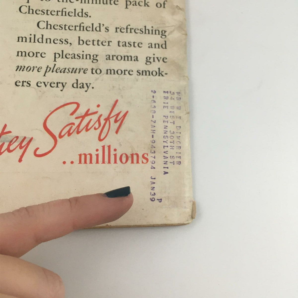 Close-up of the back cover of VTG Life Magazine September 5, 1938, highlighting a Chesterfield advertisement with a hand pointing at the text, showcasing an address label from the era.