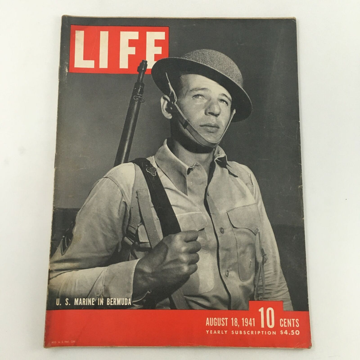 Vintage Life Magazine cover from August 18, 1941 featuring a U.S. Marine in Bermuda. This iconic issue showcases a striking photograph of the marine, reflecting the historical significance and cultural dynamics of the early 1940s.