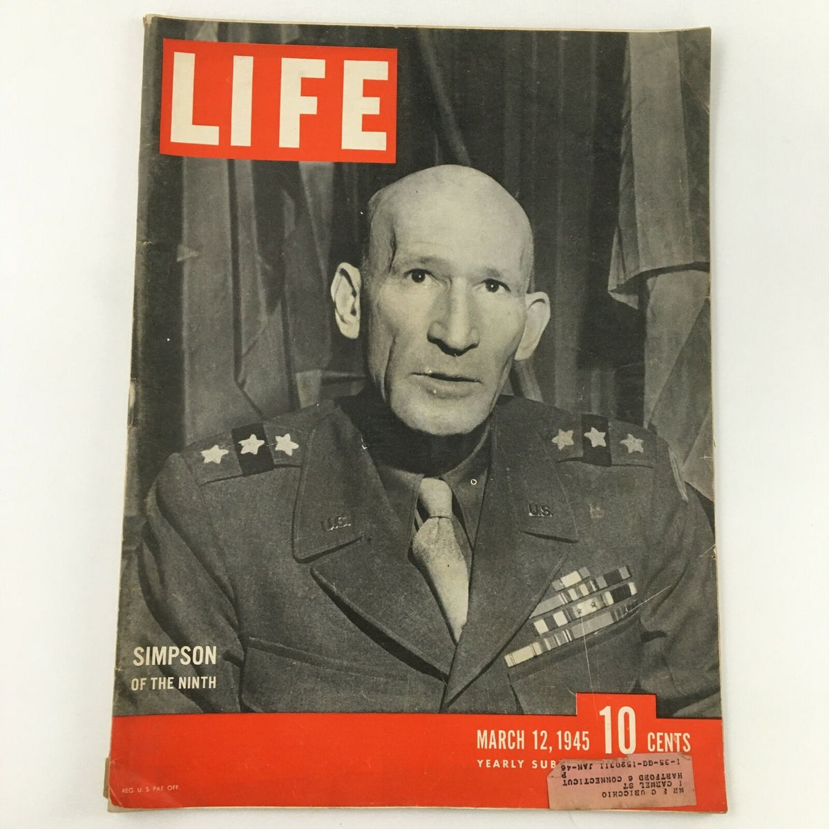 Cover of VTG Life Magazine from March 12, 1945, featuring an image of General William Hood Simpson with the caption 'Simpson of the Ninth'
